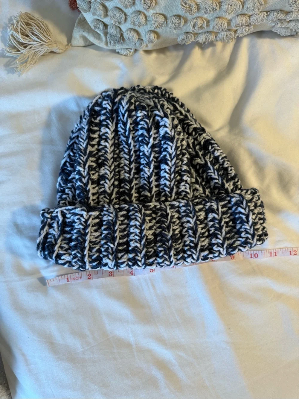 Navy blue and white chunky handmade crochet beanie: winter ski